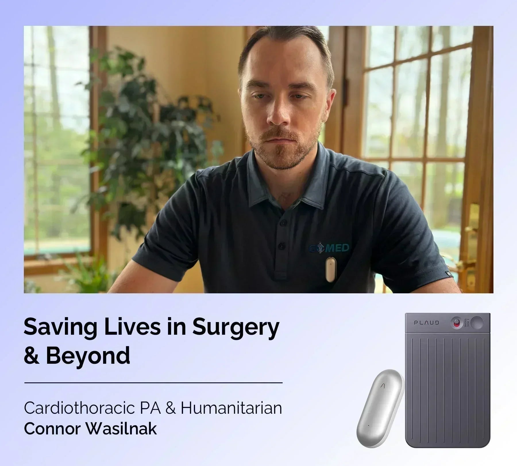 Connor Wasilnak wearing a silver Plaud NotePin, with a silver Plaud NotePin and gray Plaud Note Pro.