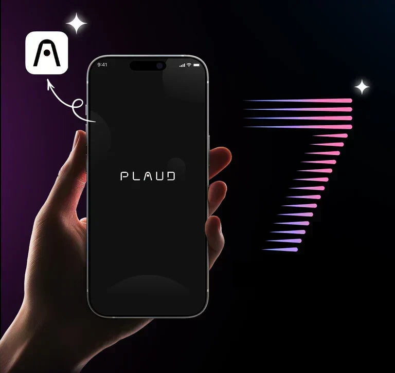 Hand holding a smartphone displaying the Plaud App logo next to a stylized pink and purple number 7.