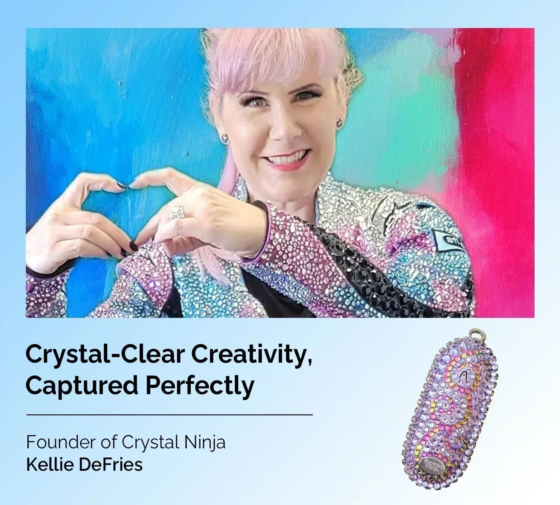 Kellie DeFries with a bedazzled Plaud NotePin. Text: Crystal-Clear Creativity, Captured Perfectly.