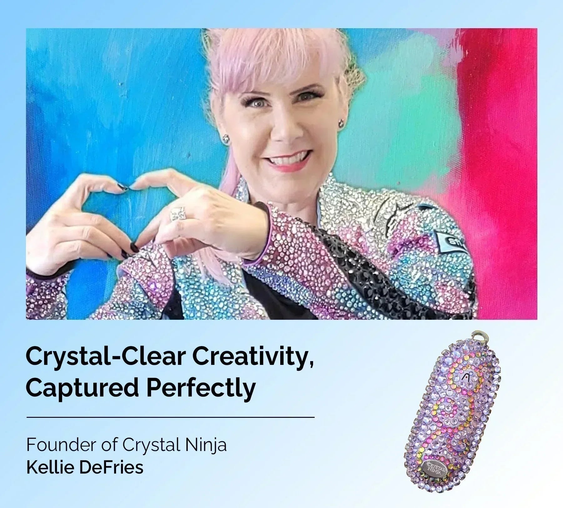 Kellie DeFries with a bedazzled Plaud NotePin. Text: Crystal-Clear Creativity, Captured Perfectly.