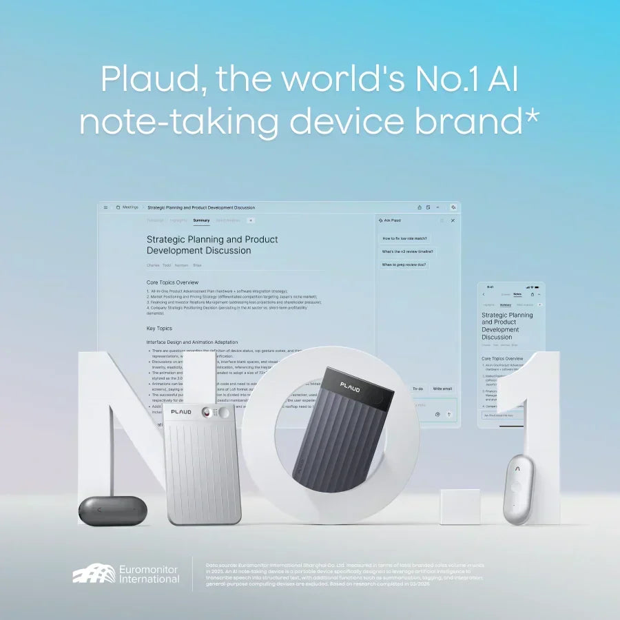Plaud is the world's No.1 AI note-taking brand, featuring silver and black Plaud Note Pro and Plaud NotePin devices.