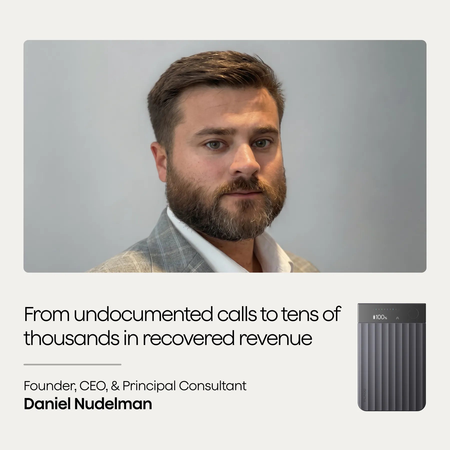 Daniel Nudelman testimonial on recovering revenue with a black Plaud Note Pro.