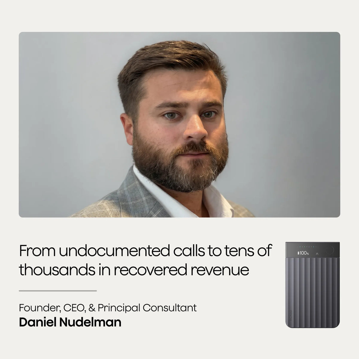 Daniel Nudelman testimonial on recovering revenue with a black Plaud Note Pro.
