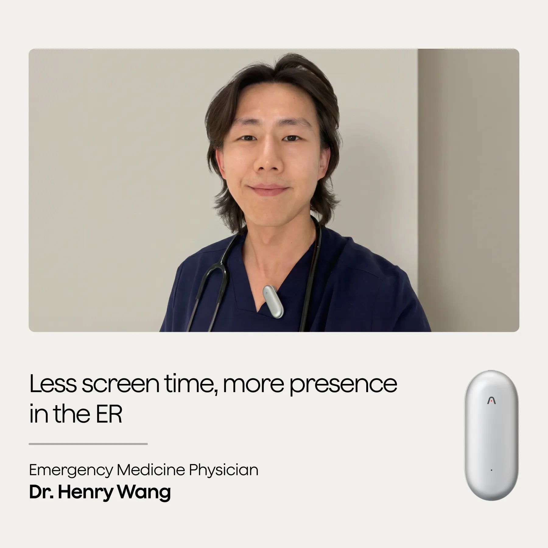 Dr. Henry Wang wearing a silver Plaud NotePin. Text: Less screen time, more presence in the ER.