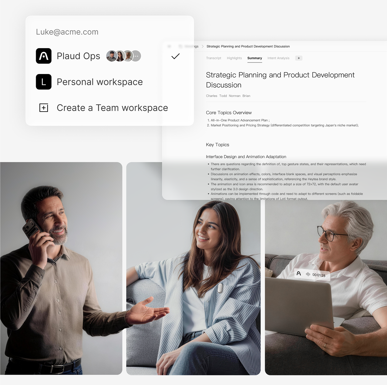 People using Plaud Note and Plaud NotePin alongside the Plaud App interface for meeting summaries.