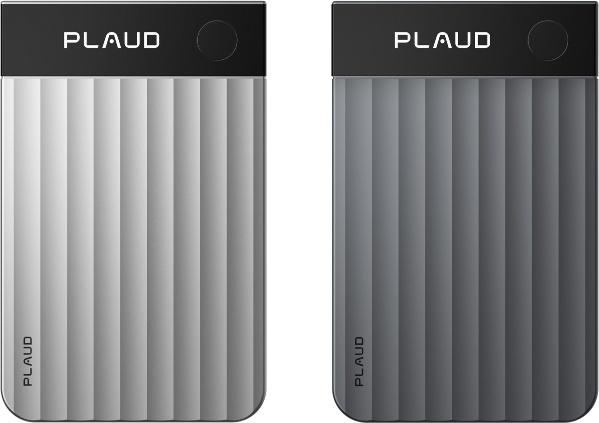 Silver and gray Plaud Note Pro AI voice recorders featuring ribbed textures and top display screens.