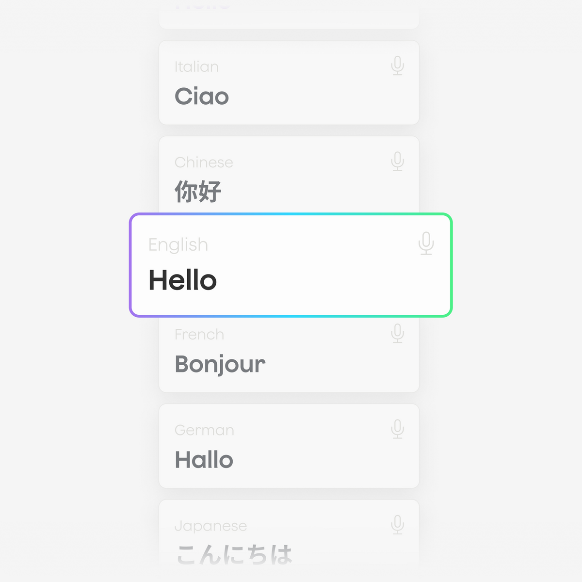 Plaud App UI showing multilingual transcription cards for English, Italian, Chinese, French, German, and Japanese.