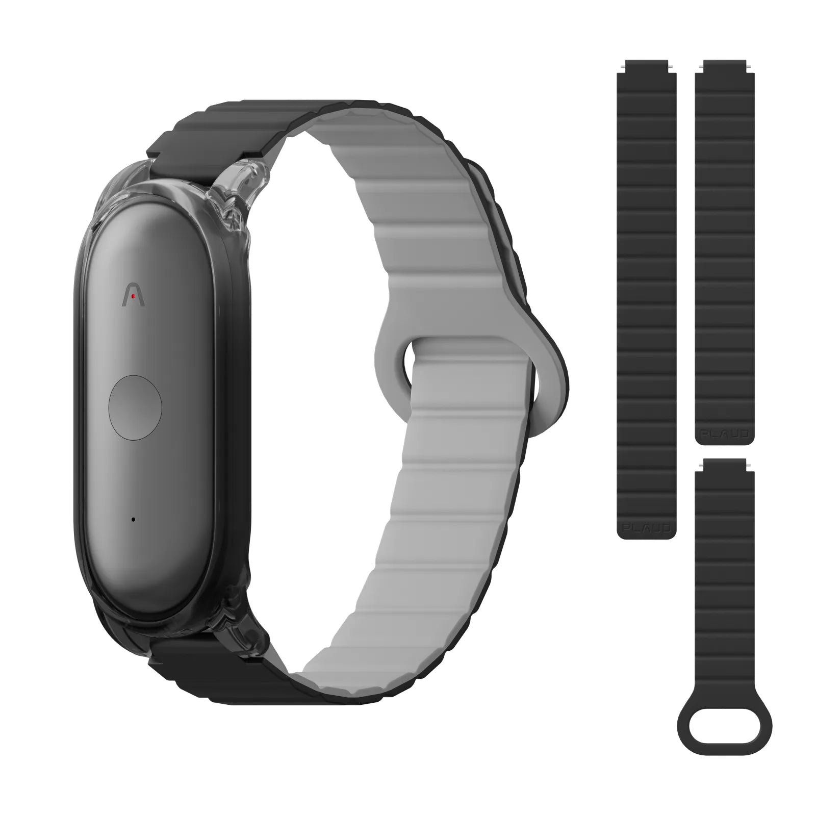 Plaud NotePin in a clear case on a black ribbed wristband, shown with additional strap components.