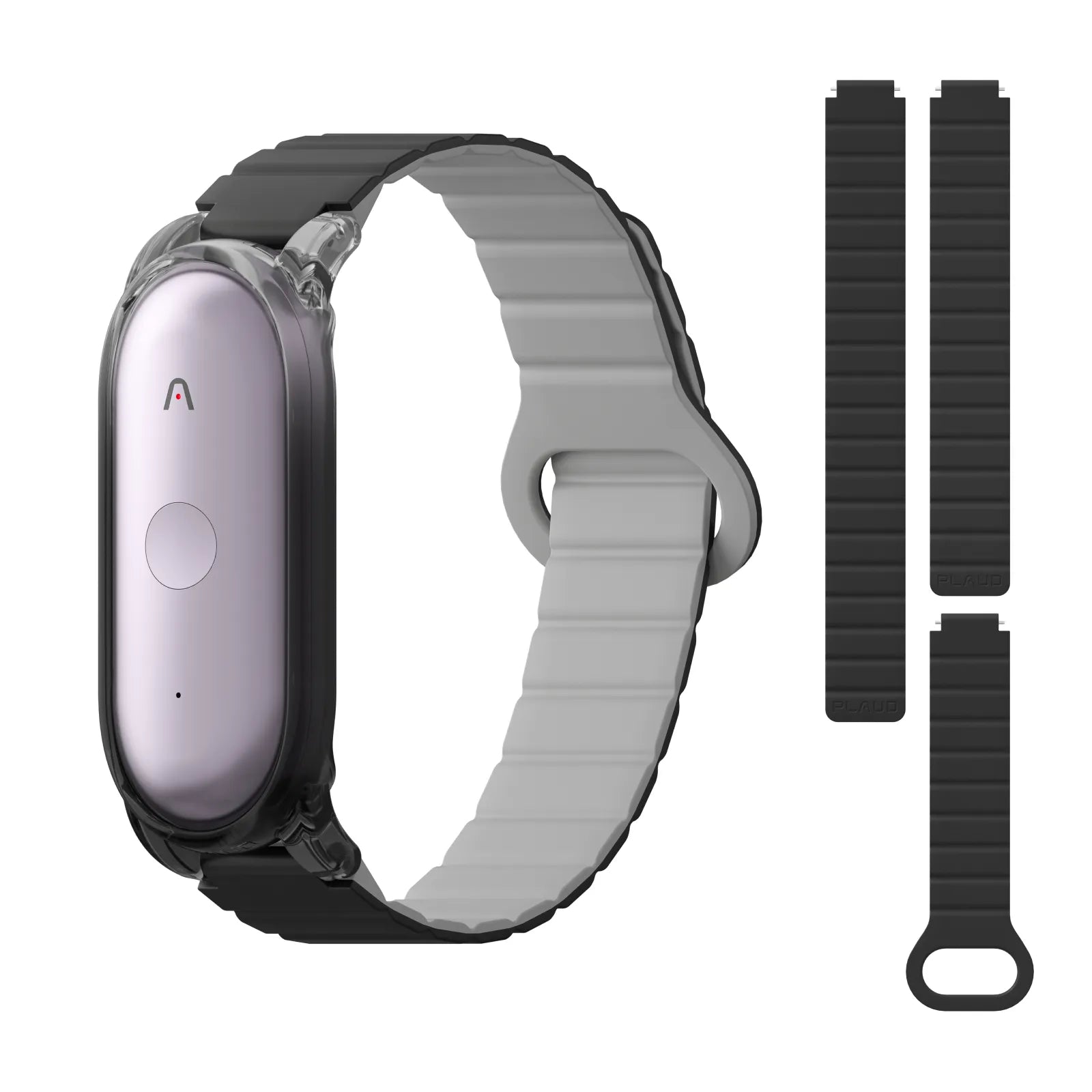 Lavender Plaud NotePin in a clear case on a black ribbed wristband with extra strap pieces.