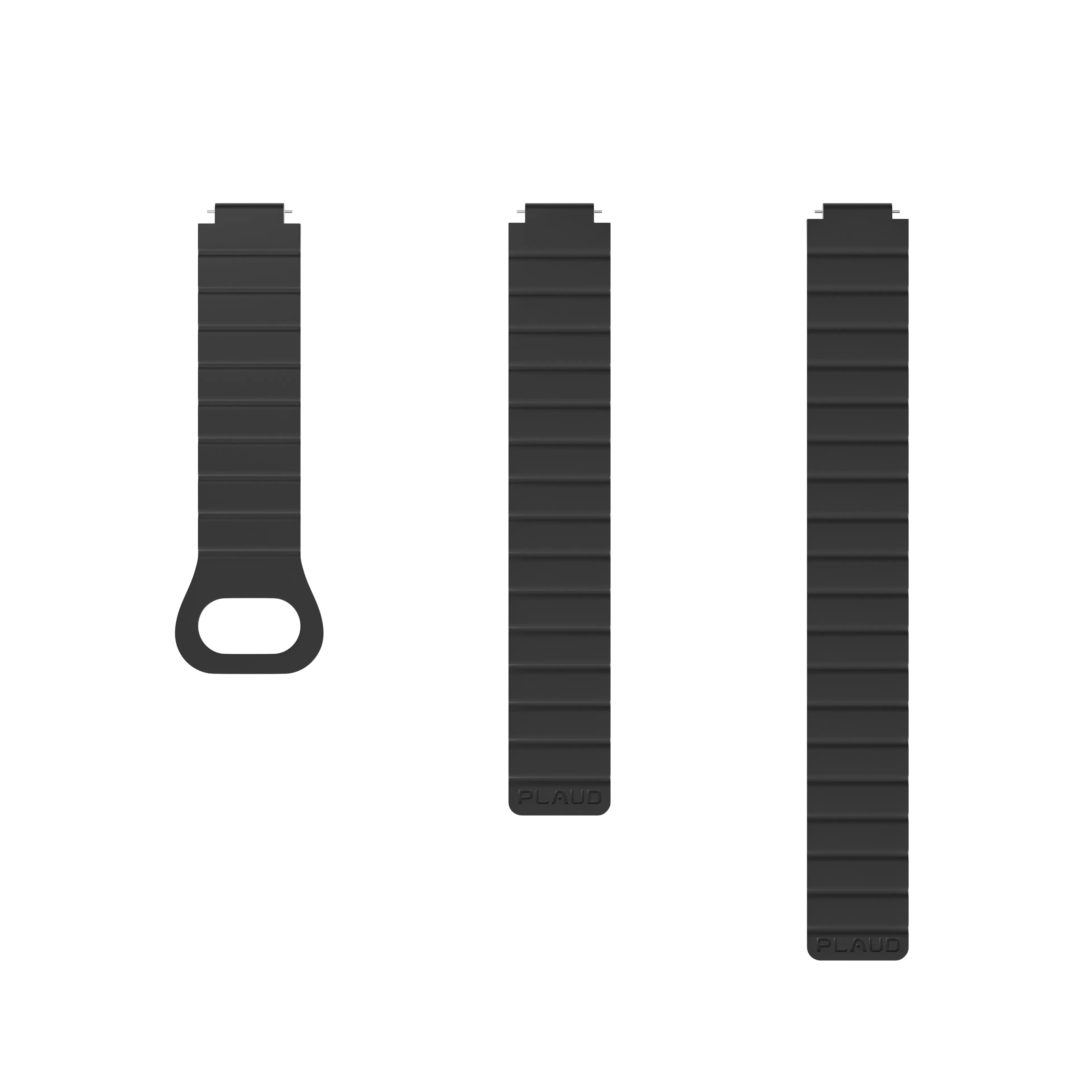 Three black silicone straps for Plaud NotePin in varying lengths, including a loop attachment.