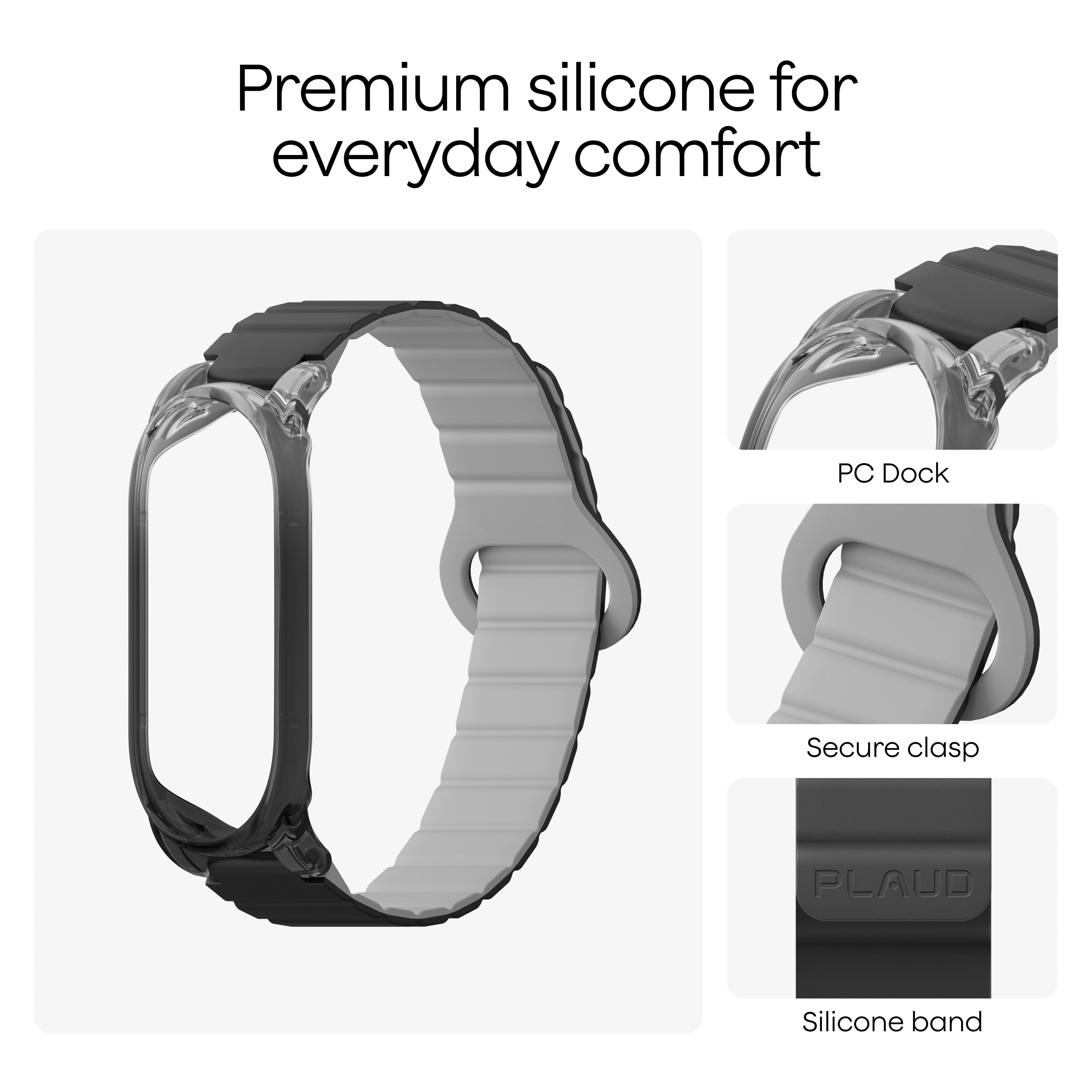 Black and grey silicone wristband for Plaud NotePin featuring a clear PC dock and secure clasp.