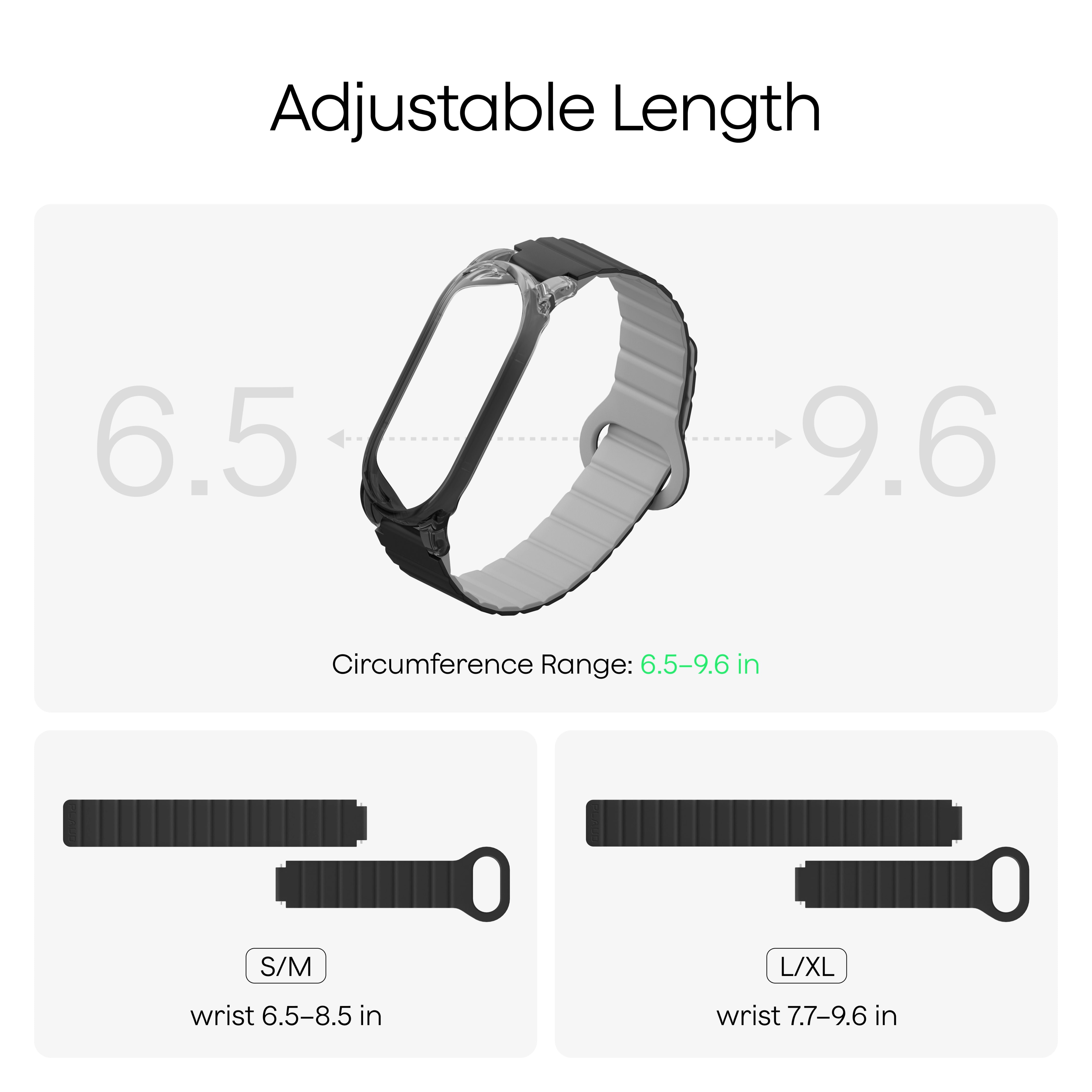 Adjustable black Plaud NotePin wristband. S/M fits 6.5-8.5 in; L/XL fits 7.7-9.6 in. Total range 6.5-9.6 in.