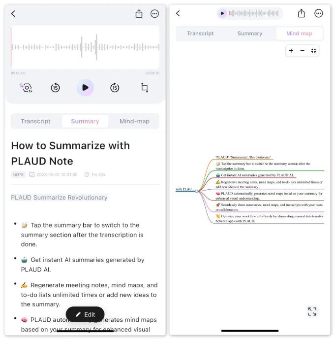 Plaud App screens showing an AI-generated text summary and a visual mind map of a recording.