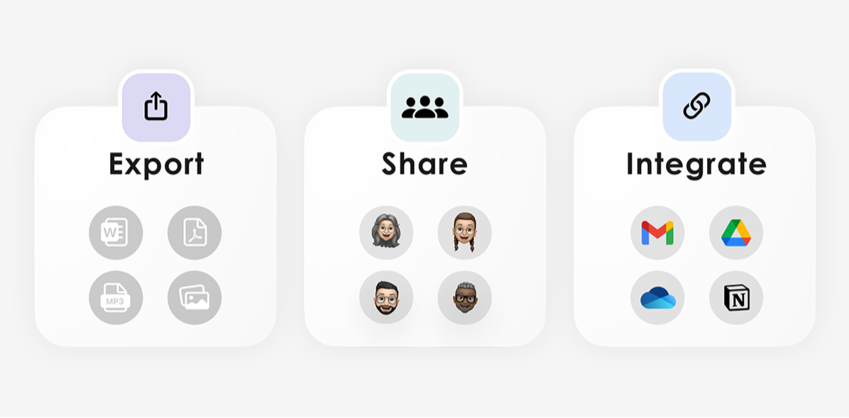 Plaud App features: Export to Word or PDF, share with team members, and integrate with Gmail, Drive, and Notion.