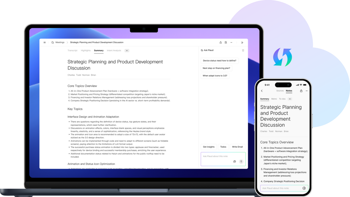 Plaud Web and Plaud App displaying an AI-generated meeting summary and the Ask Plaud chat interface.