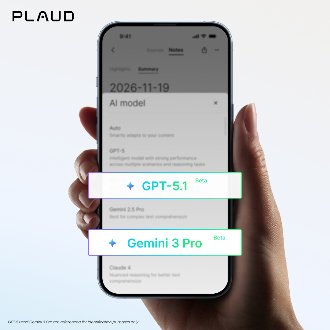 Smartphone displaying Plaud App AI model selection menu with GPT-5.1 and Gemini 3 Pro options.