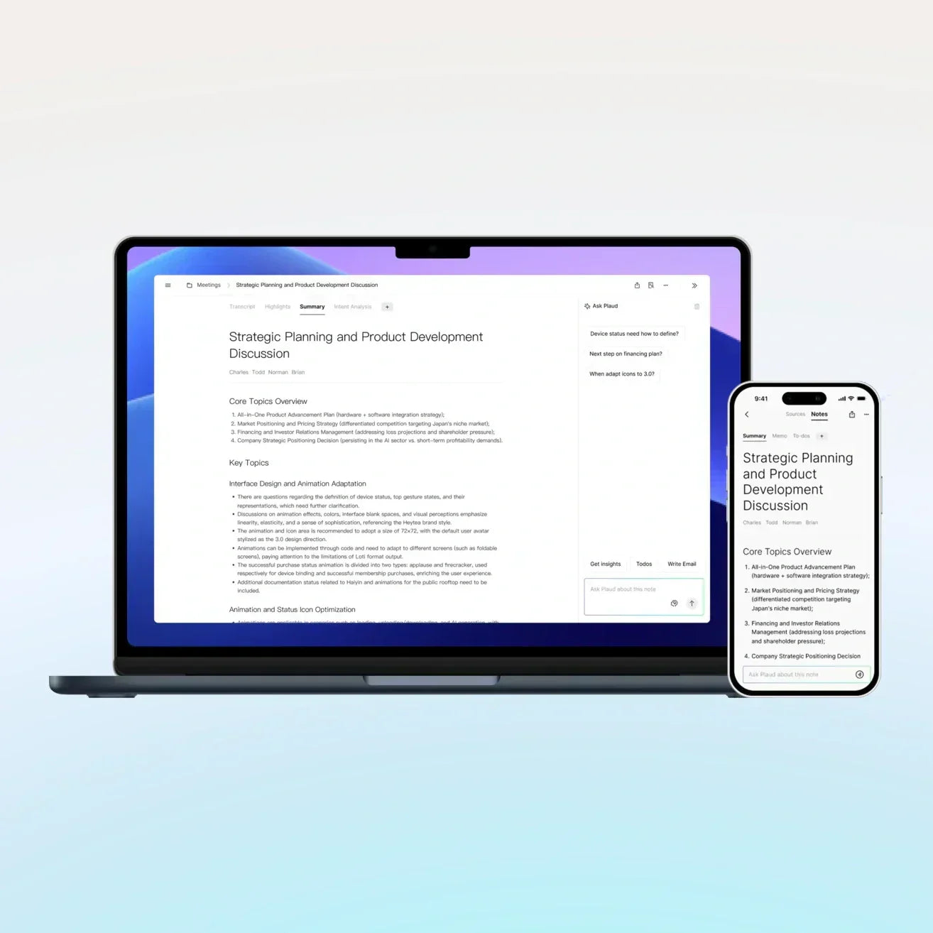 Plaud App and Plaud Web displaying a strategic planning meeting summary on a laptop and smartphone.