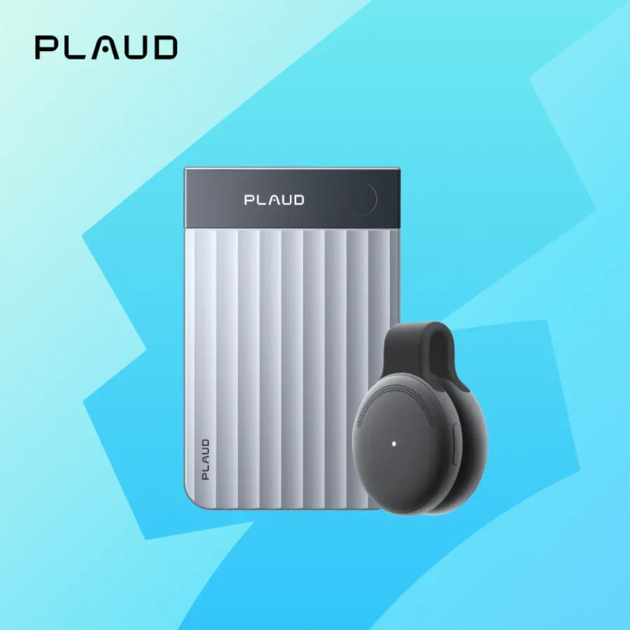 Silver Plaud Note Pro and soundcore AI voice recorders on a blue background.