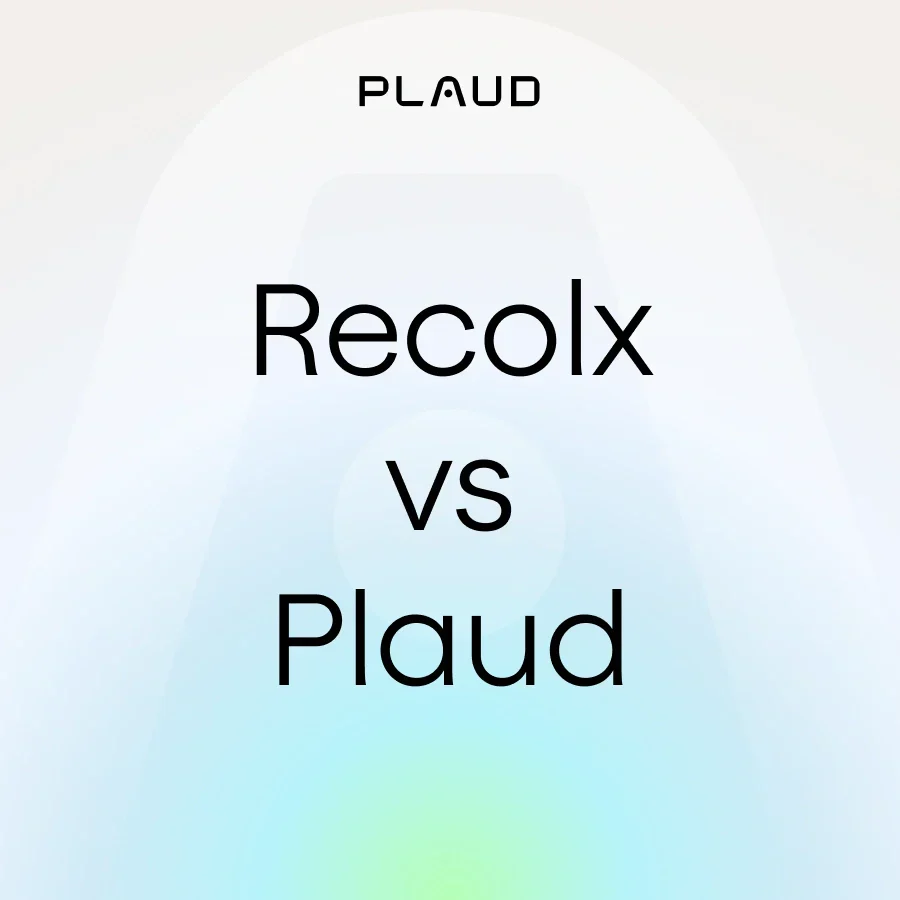 Comparison graphic titled Recolx vs Plaud with the Plaud logo on a light blue gradient background.