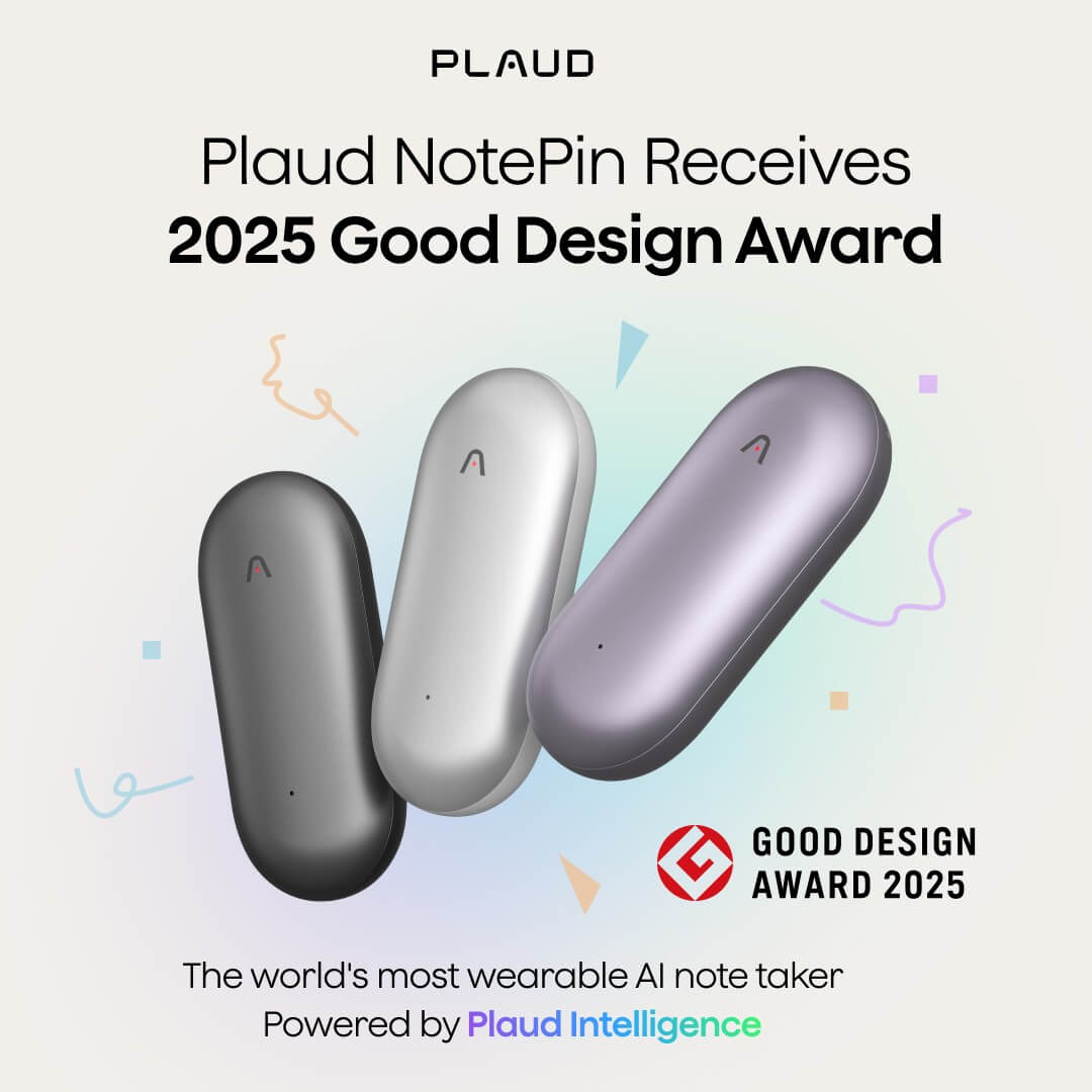 Plaud NotePin in black, silver, and purple. Text: Plaud NotePin Receives 2025 Good Design Award.