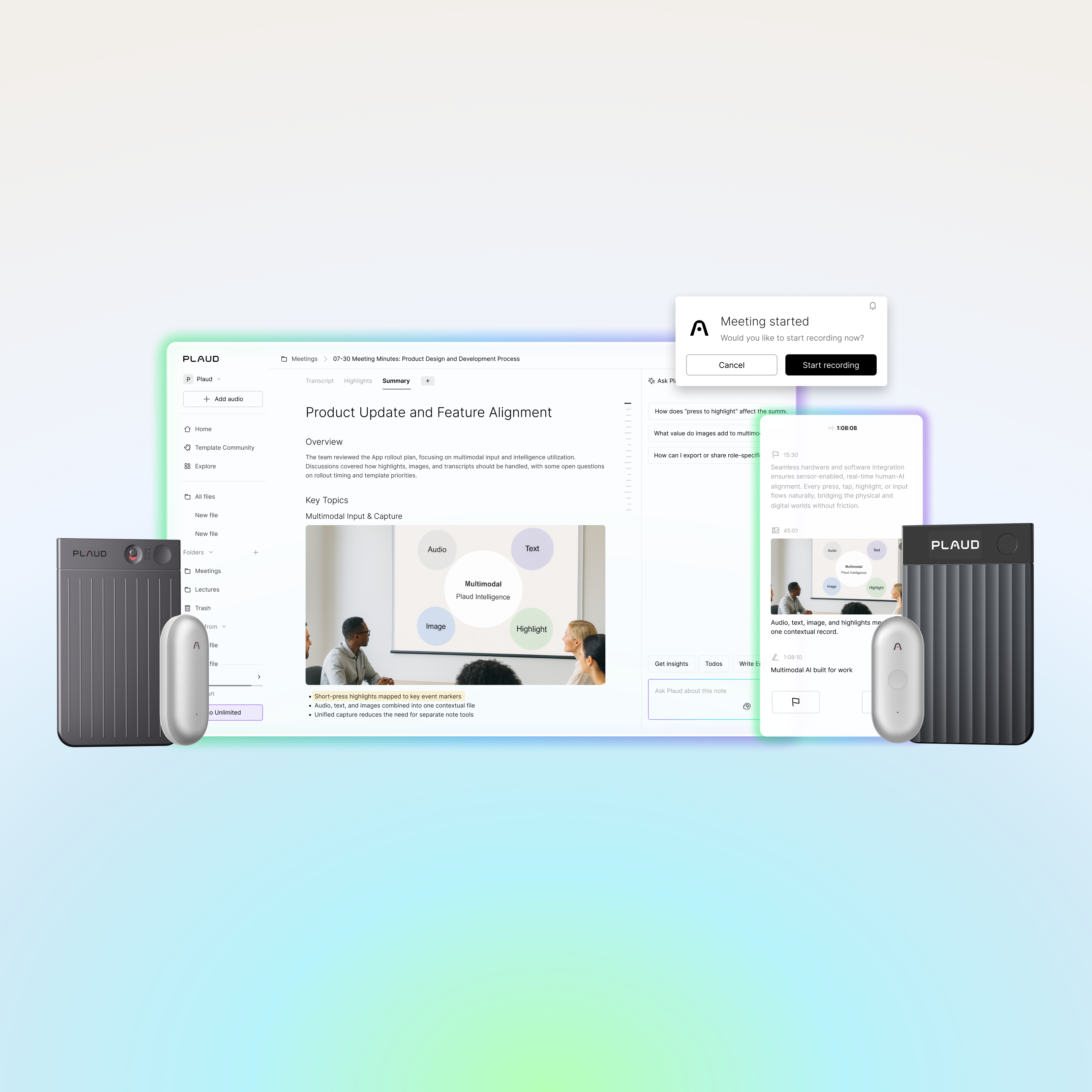 Black Plaud Note Pro and silver Plaud NotePin recorders with Plaud App AI meeting summaries on desktop and mobile.