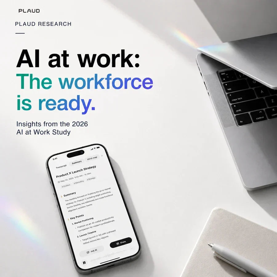 PLAUD Research 2026 AI at Work Study cover: a phone displaying an AI meeting summary next to a laptop and notebook.