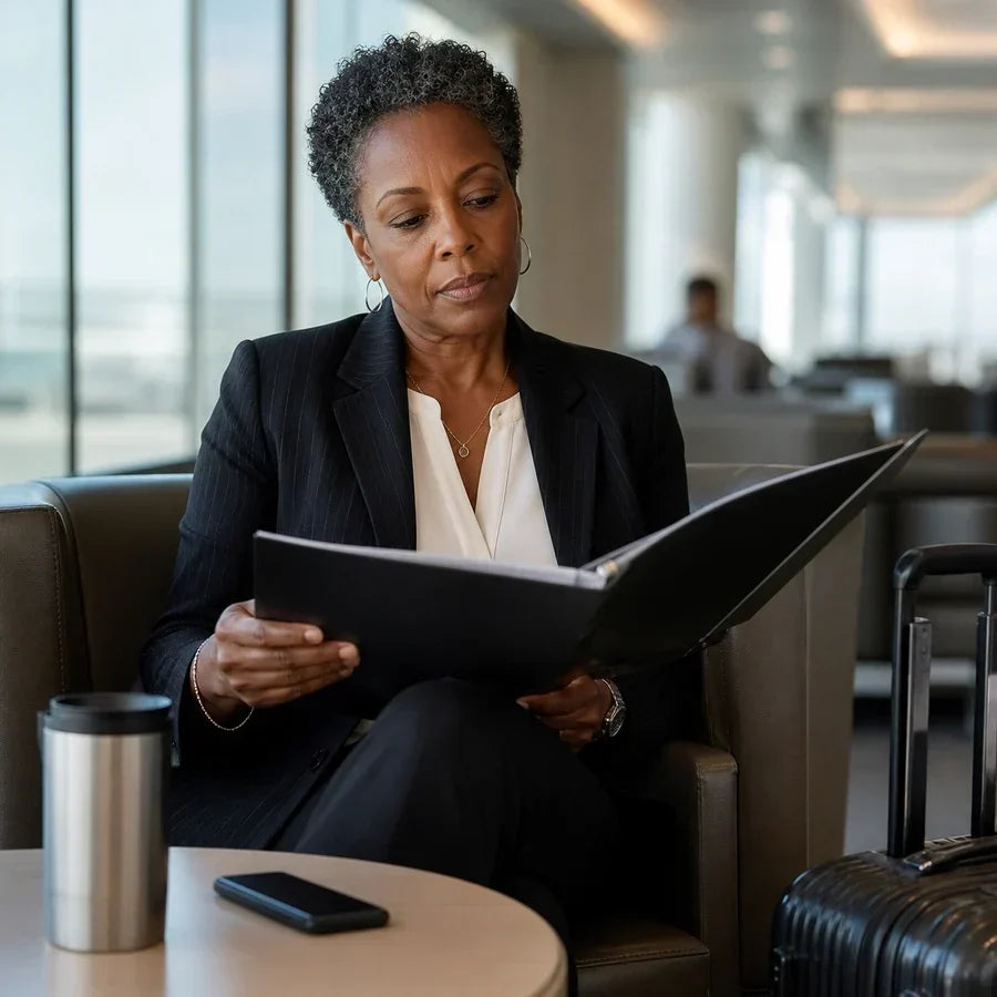 Executive reviewing a folder while seated in an office lobby
