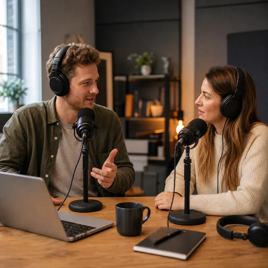 Two podcast hosts wearing headphones and speaking into microphones at a table