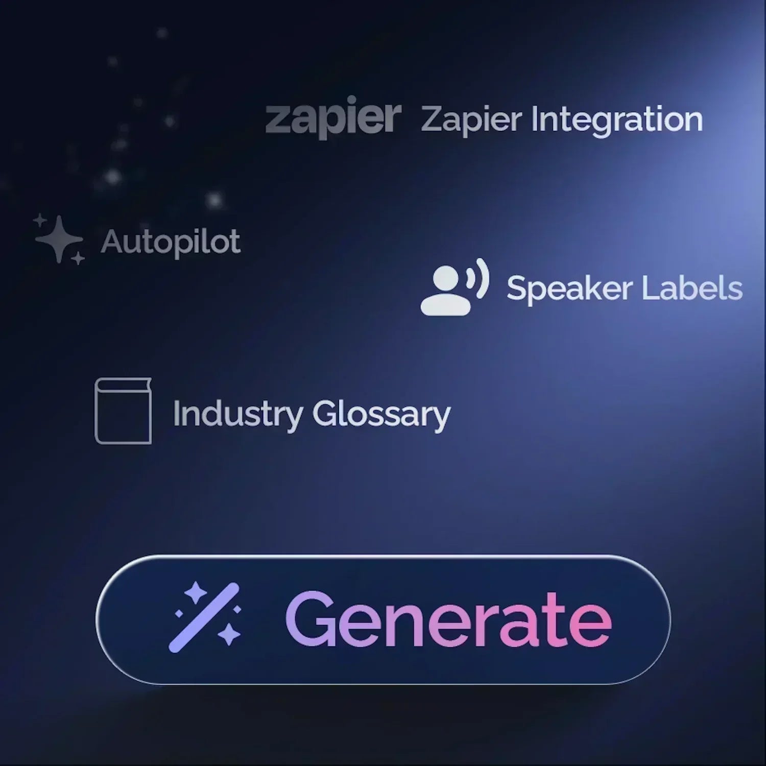 Plaud AI features including Zapier Integration, Autopilot, Speaker Labels, Industry Glossary, and a Generate button.