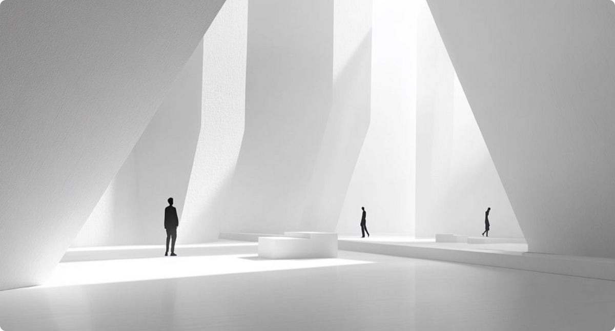 People silhouettes in a bright, minimalist white hall.