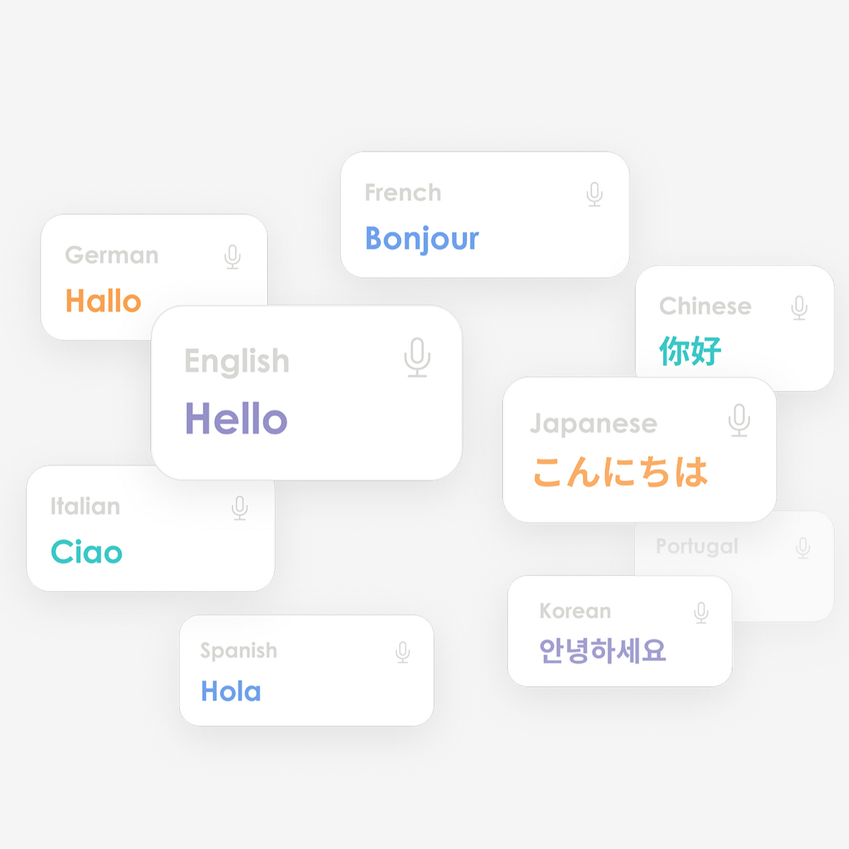 Multilingual transcription bubbles for Plaud AI showing 'Hello' in English, French, German, Chinese, and Japanese.