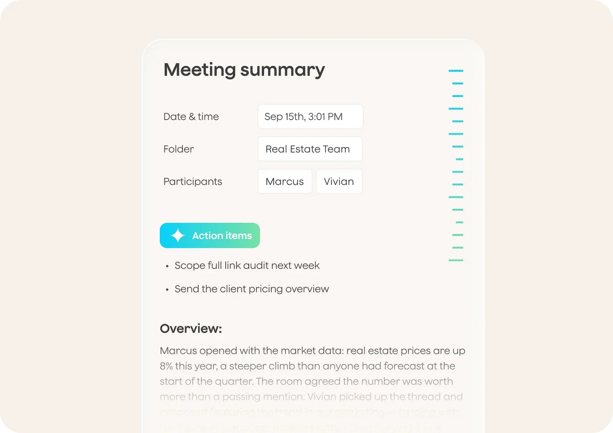 A meeting summary card listing date, participants, action items, and a written section