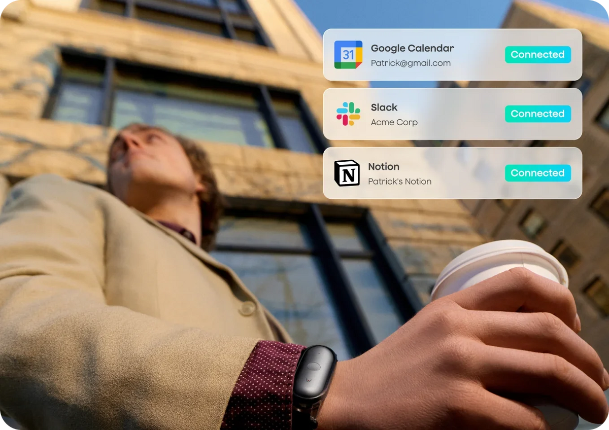 A connectors list showing Google Calendar, Slack, and Notion linked to a Plaud account