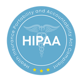 HIPAA compliance seal with Health Insurance Portability and Accountability Act text and caduceus symbol.