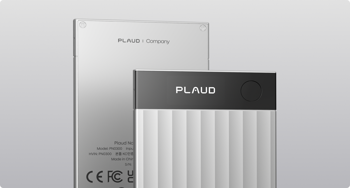 Silver Plaud Note and Plaud Note Pro AI voice recorders with a ribbed texture and black top panel.