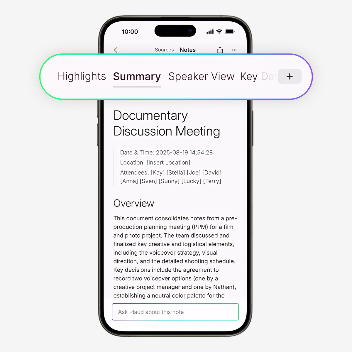 Plaud App interface showing a meeting summary with overview text and an AI query box on a smartphone.