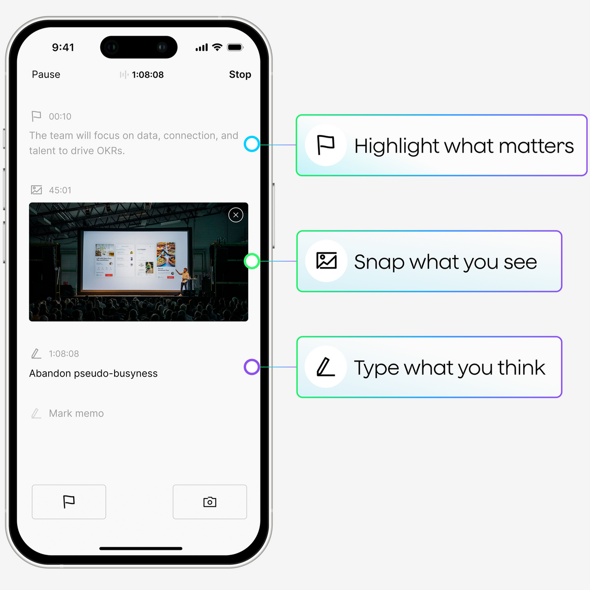 Plaud App interface showing tools to highlight text, capture photos, and type notes during recording.