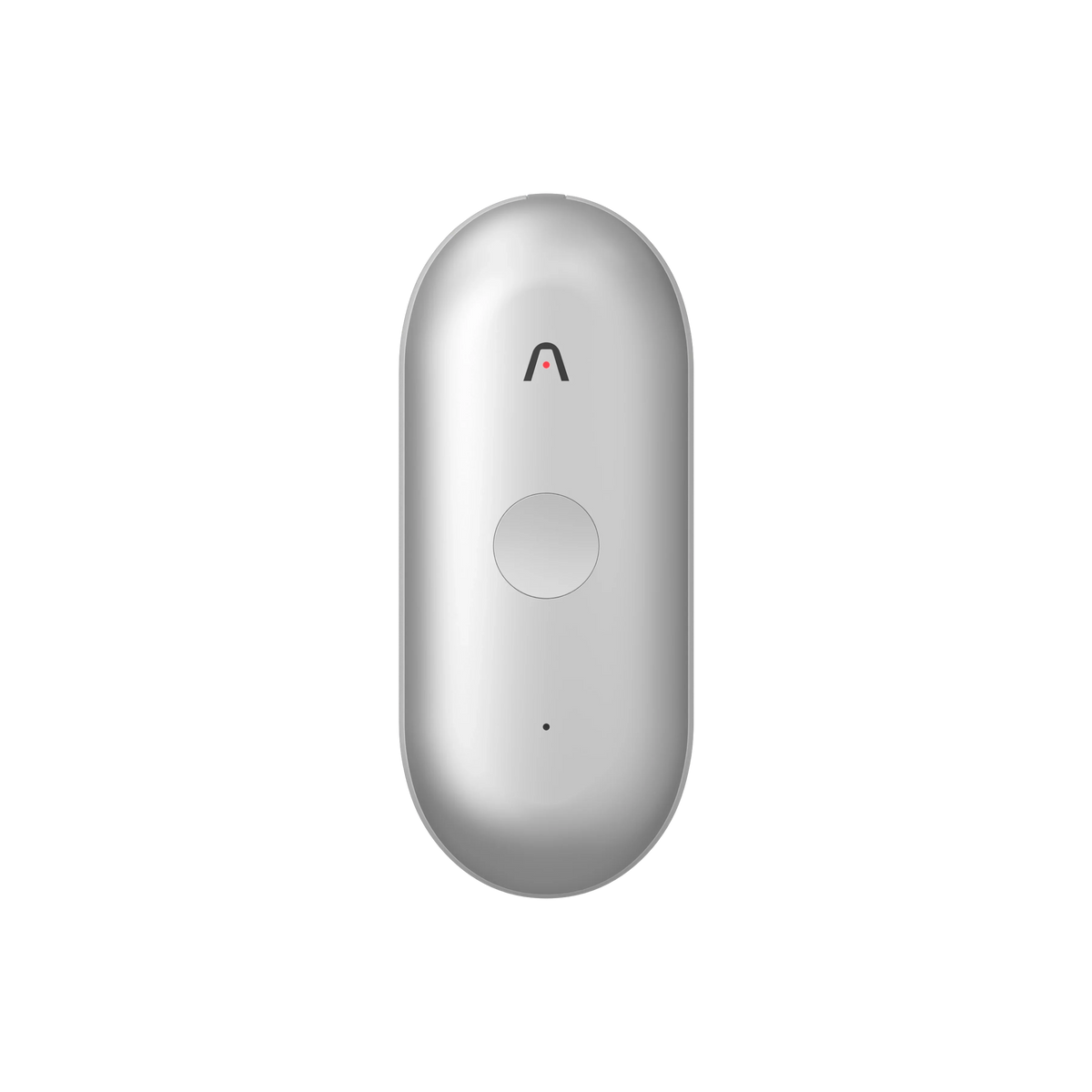 A silver Plaud NotePin S wearable AI recorder features a smooth capsule shape with a central round button and a chevron logo.