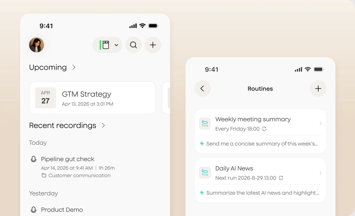 The Plaud mobile app showing upcoming meetings, recent recordings, and a routines list