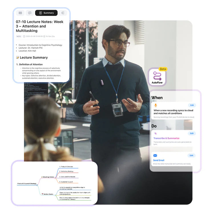 A man wearing a gray Plaud NotePin with UI showing automated lecture summaries, mind maps, and AutoFlow workflows.