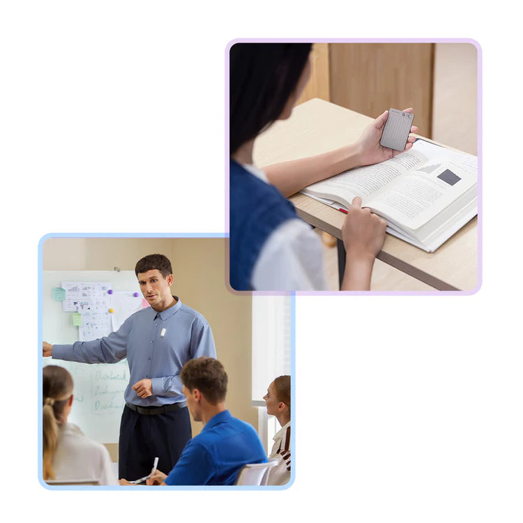 Student holding a silver Plaud Note Pro and a presenter wearing a white Plaud NotePin in professional settings.
