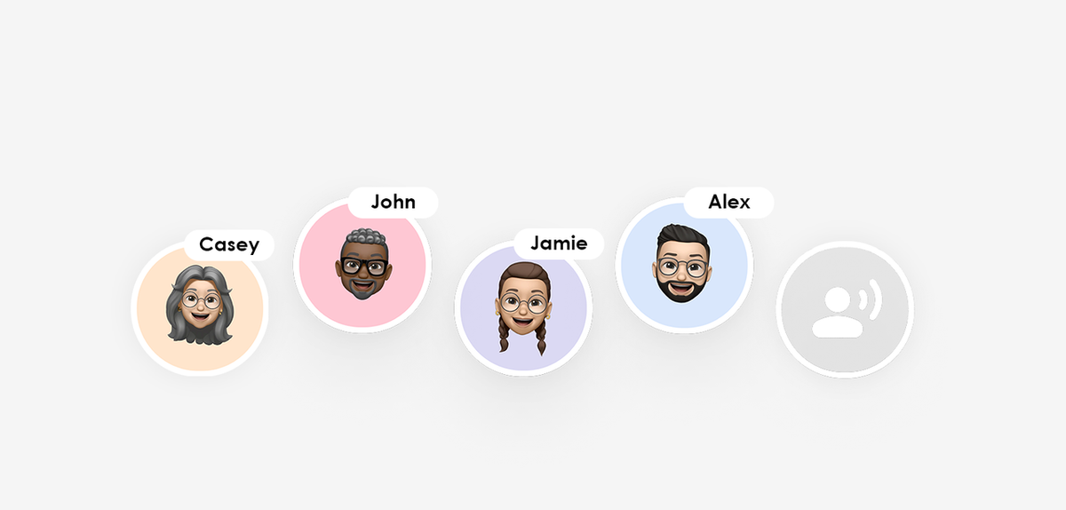 Avatars for Casey, John, Jamie, and Alex with a speaker icon, showing speaker identification features.