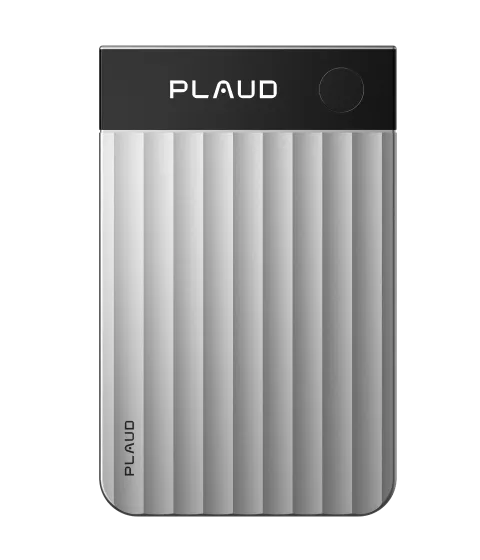 A silver Plaud Note Pro AI voice recorder features a black glass top strip and a body with wavy vertical ridges.