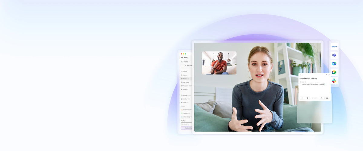 Plaud Web interface recording a video call with a woman speaking, showing integration with Zoom and Teams.