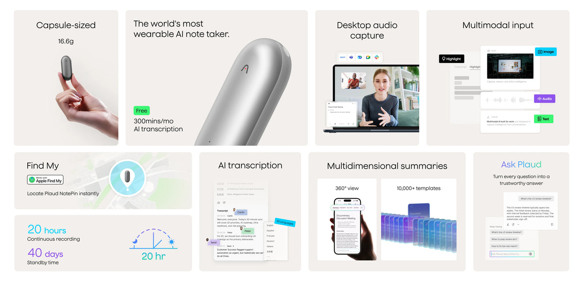 Feature grid for silver Plaud NotePin highlighting its compact size, AI transcription, and 20-hour battery life.