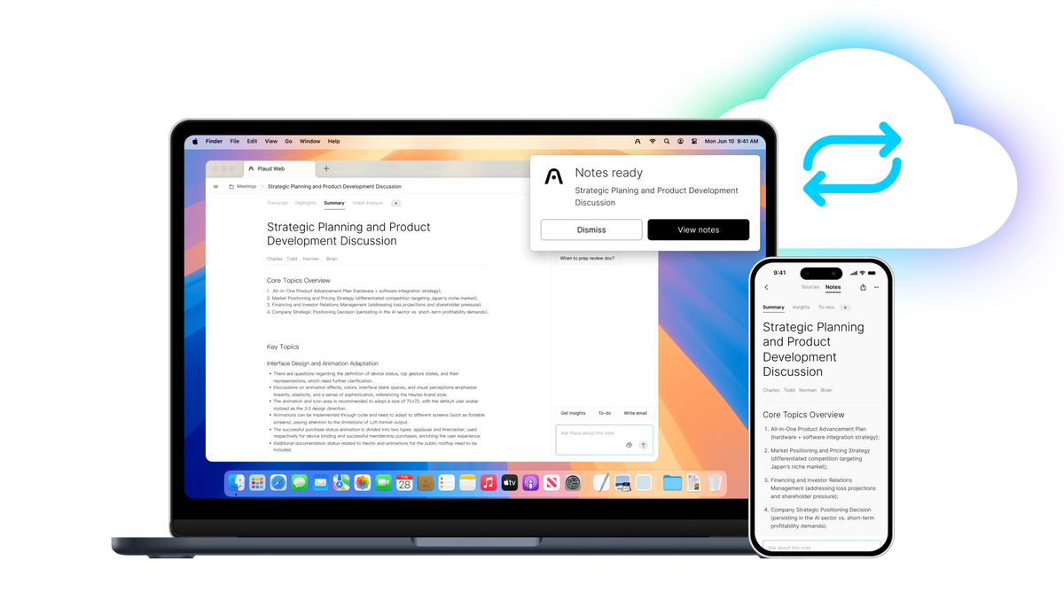 Meeting summaries synced across Plaud Web on a laptop and the Plaud App on a smartphone.