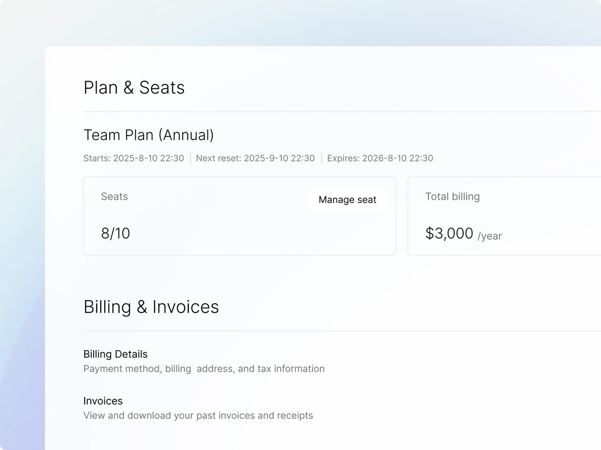 Plaud Web interface showing Team Plan details, 8/10 seats used, and annual billing information.