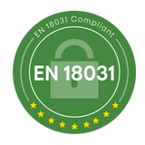 Green certification seal indicating EN 18031 compliance with a padlock icon and yellow stars.