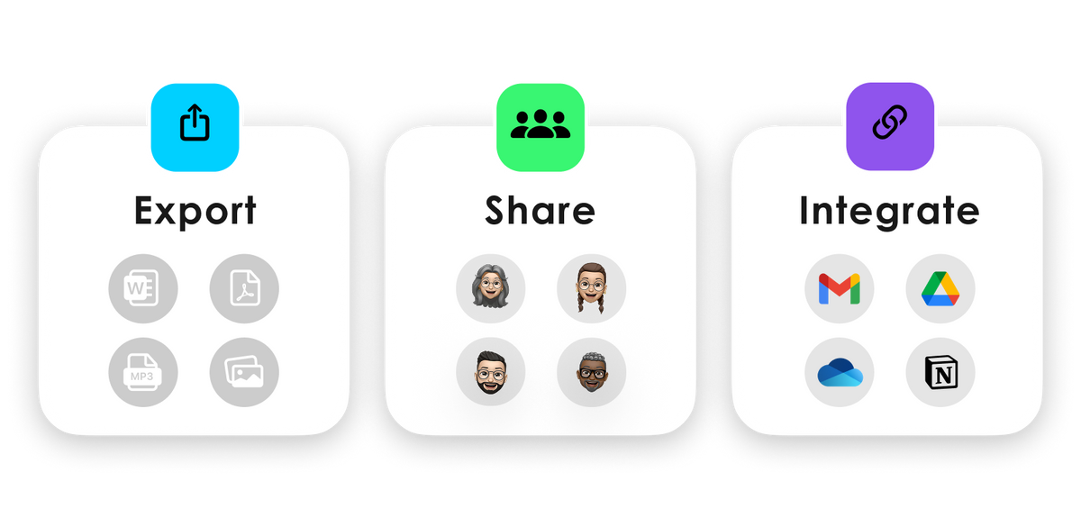 Plaud App features for Exporting files, Sharing with others, and Integrating with Gmail, Drive, and Notion.