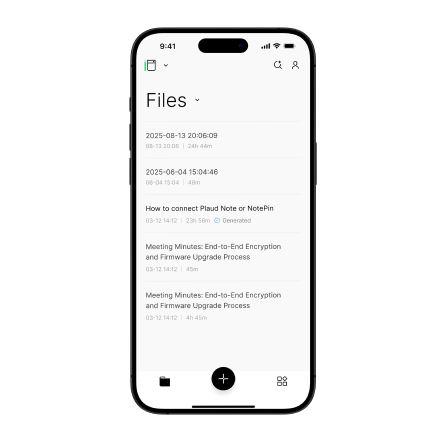 Plaud App interface on a smartphone showing a list of voice recording files and meeting minutes.